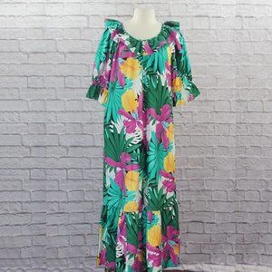 Vintage 80s Hilo Hattie Cotton Floral Hawaiian Maxi Mumu Dress